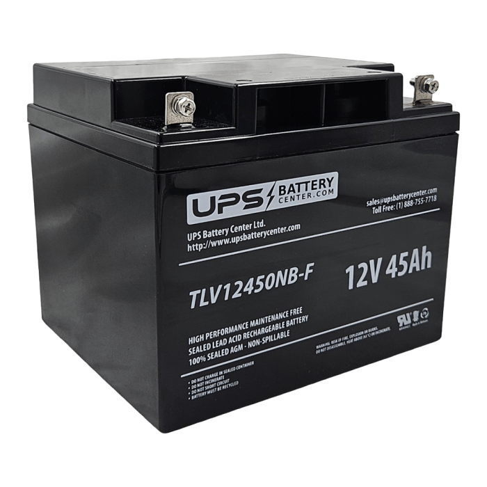 12V 45Ah AGM SLA Battery, Front Facing nut & Bolt terminals - TLV12450NB-F